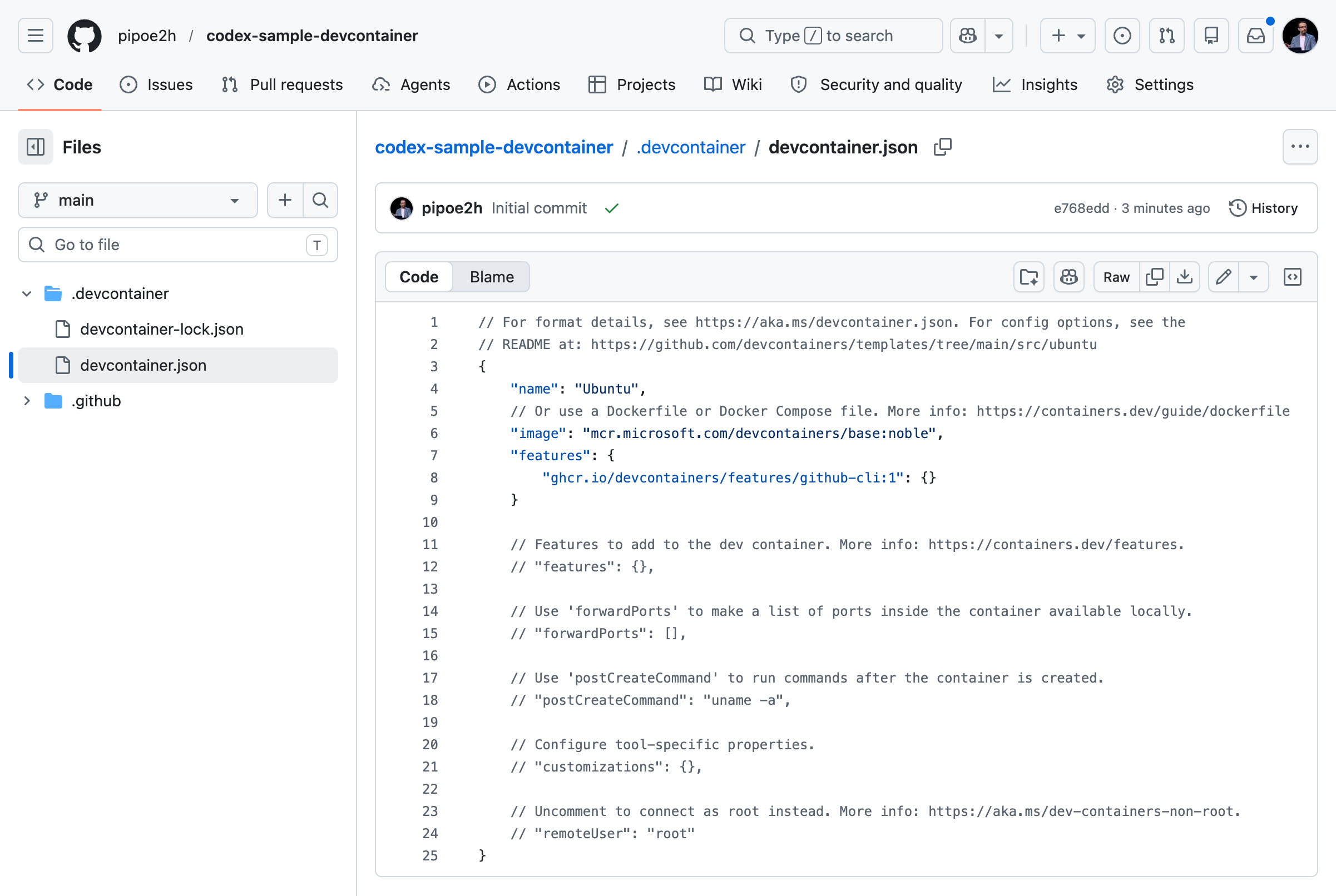Illustration of a dev container sample file structure with configuration and runtime tools organized alongside source code