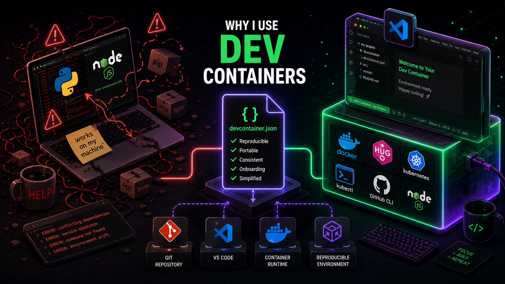 Illustration of a developer workflow using Codex and VS Code Dev Containers to avoid environment drift